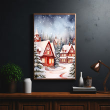 Snowy Village in Winter Poster | Charming Red and White Winter Scene | Cozy Snow-Covered Village Wall Art | Holiday Home Decor Prin