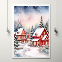 Scenic Red and White Snowy Village in Winter Poster | Charming Winter Landscape Wall Art Print | Cozy Holiday Home Decor