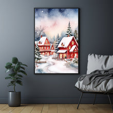 Scenic Red and White Snowy Village in Winter Poster | Charming Winter Landscape Wall Art Print | Cozy Holiday Home Decor