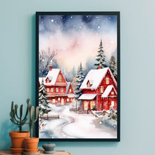 Scenic Red and White Snowy Village in Winter Poster | Charming Winter Landscape Wall Art Print | Cozy Holiday Home Decor