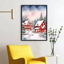 Scenic Red and White Snowy Village in Winter Poster | Charming Winter Landscape Wall Art Print | Cozy Holiday Home Decor