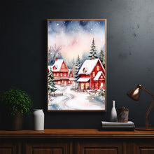 Scenic Red and White Snowy Village in Winter Poster | Charming Winter Landscape Wall Art Print | Cozy Holiday Home Decor