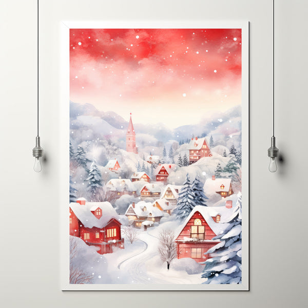 Scenic Red and White Snowy Village in Winter Poster | Charming Winter Landscape Wall Art Print | Cozy Holiday Home Decor