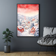 Scenic Red and White Snowy Village in Winter Poster | Charming Winter Landscape Wall Art Print | Cozy Holiday Home Decor