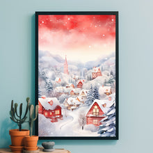 Scenic Red and White Snowy Village in Winter Poster | Charming Winter Landscape Wall Art Print | Cozy Holiday Home Decor