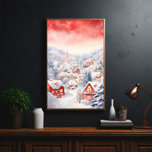 Scenic Red and White Snowy Village in Winter Poster | Charming Winter Landscape Wall Art Print | Cozy Holiday Home Decor